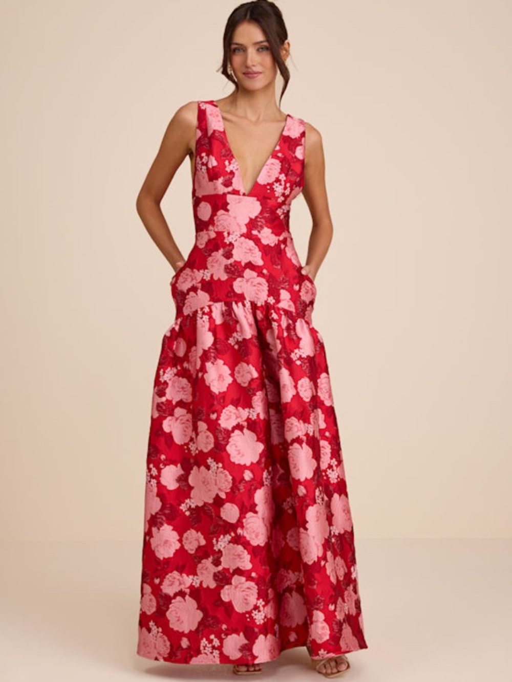 Lulus Valna Red Floral Jacquard Drop Waist Maxi Dress - Size XL